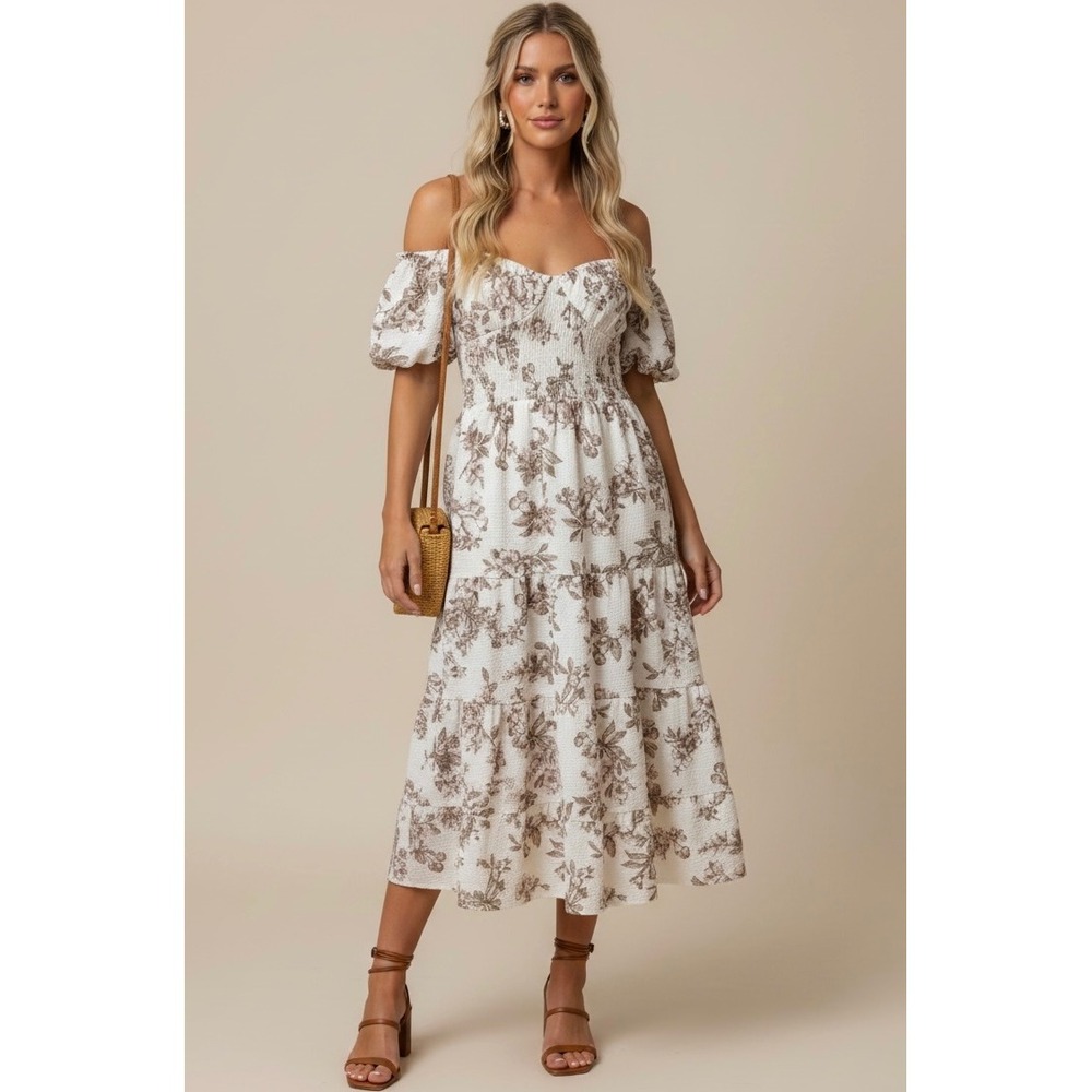 Ardene Floral Off Shoulder Smocked Midi Dress‎ Large White Brown Cottagecore